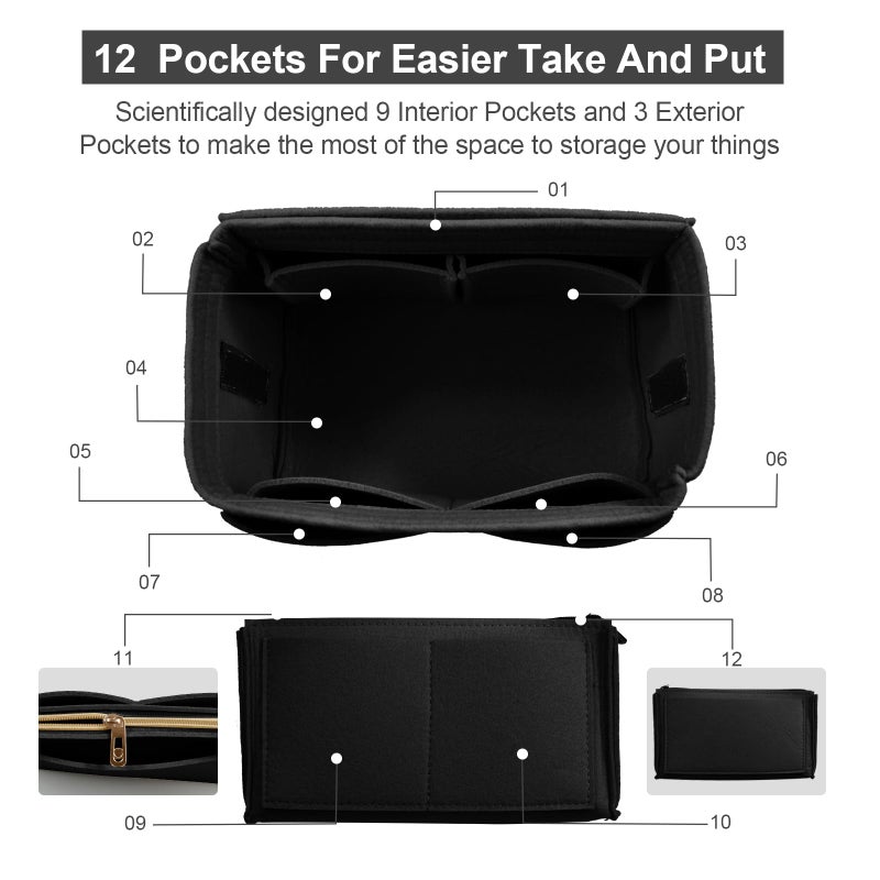 OMYSTYLE Black Organizer Insert, Felt Tote Bag Organizer Insert with 5 Sizes, Handbag Dividers for Inside Purse, Compatible with Longchamp, Neverful, Speedy and More - Image 3